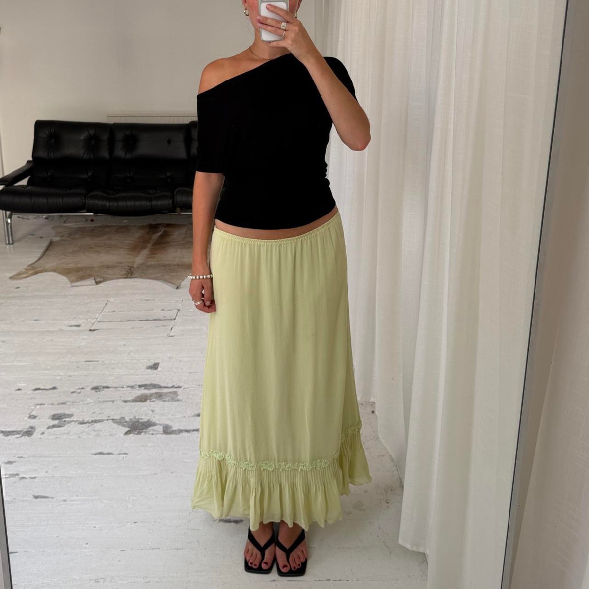 Lime Green Silk Ruffle Maxi Skirt