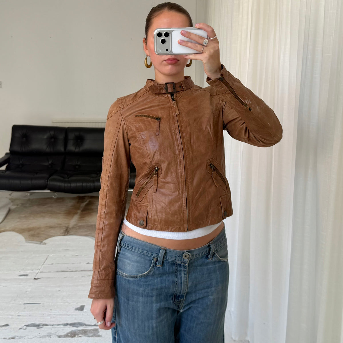 Tan Brown Leather Utility Biker Jacket
