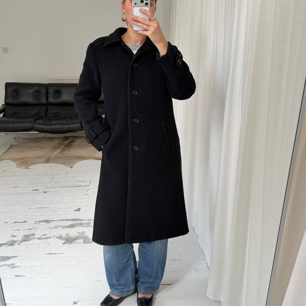 Black Pure New Wool Mid-Length Winter Coat