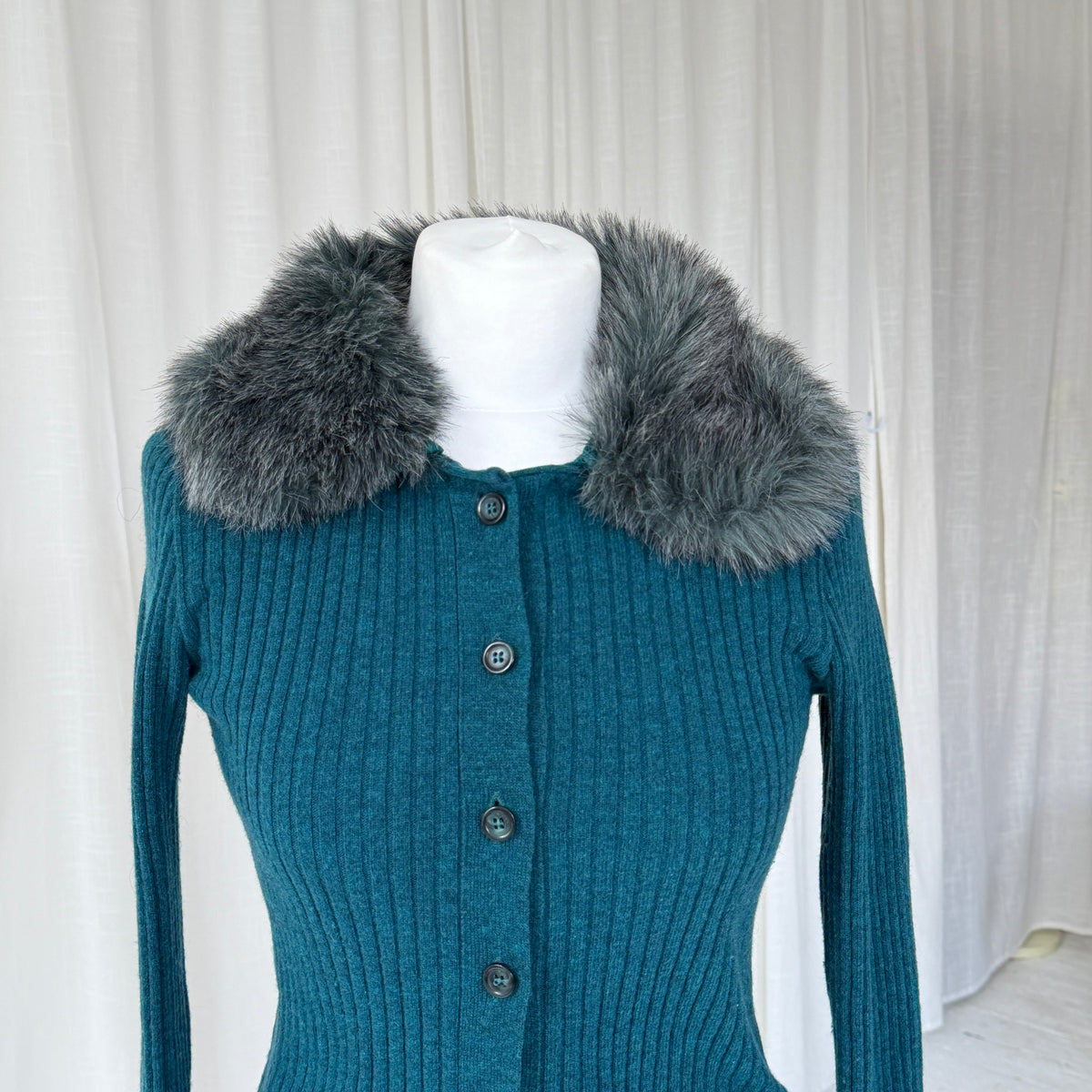 Italian Vintage Angora Wool Rib Knit Cardigan With Faux Fur Collar