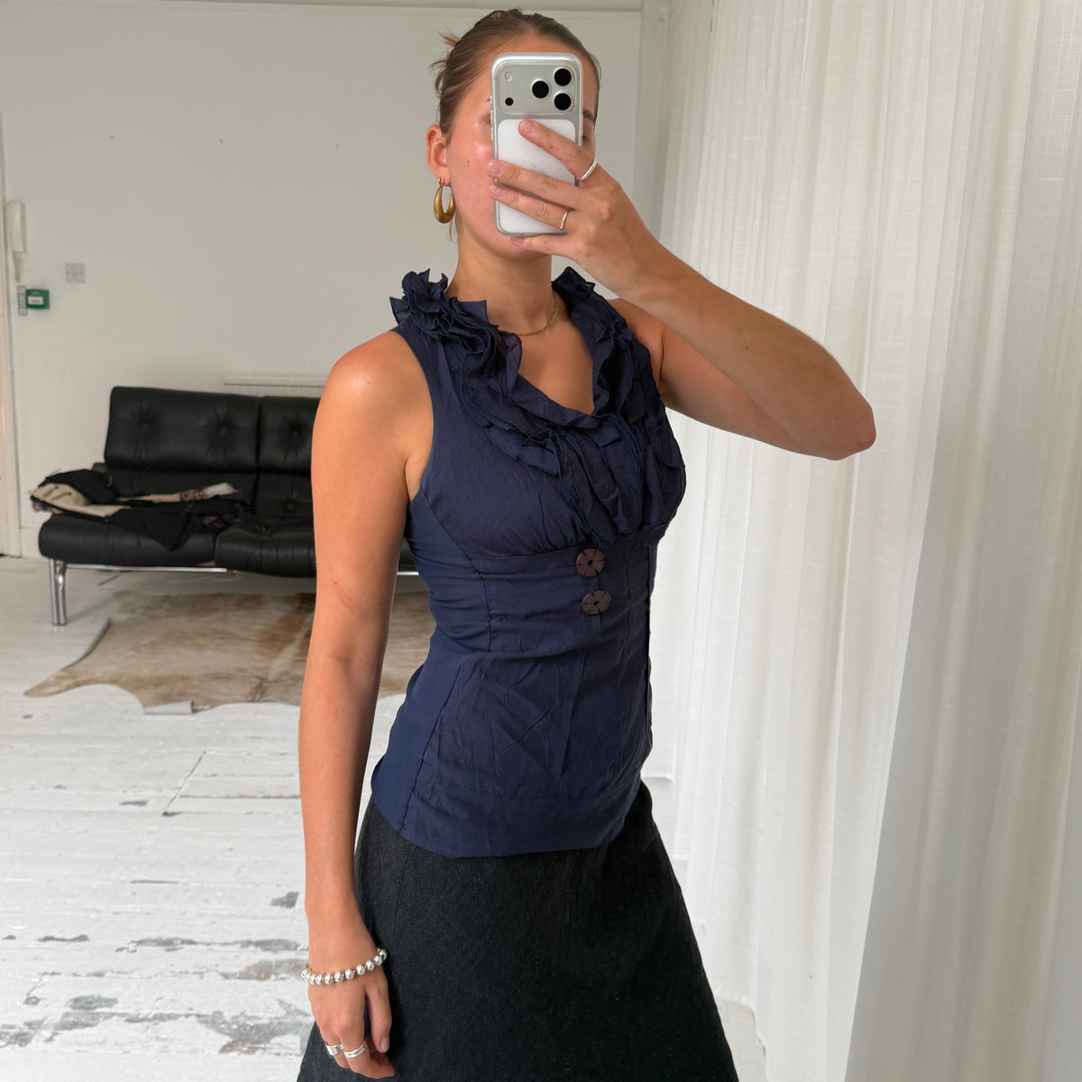 Navy Wool Blend Ruffle Top