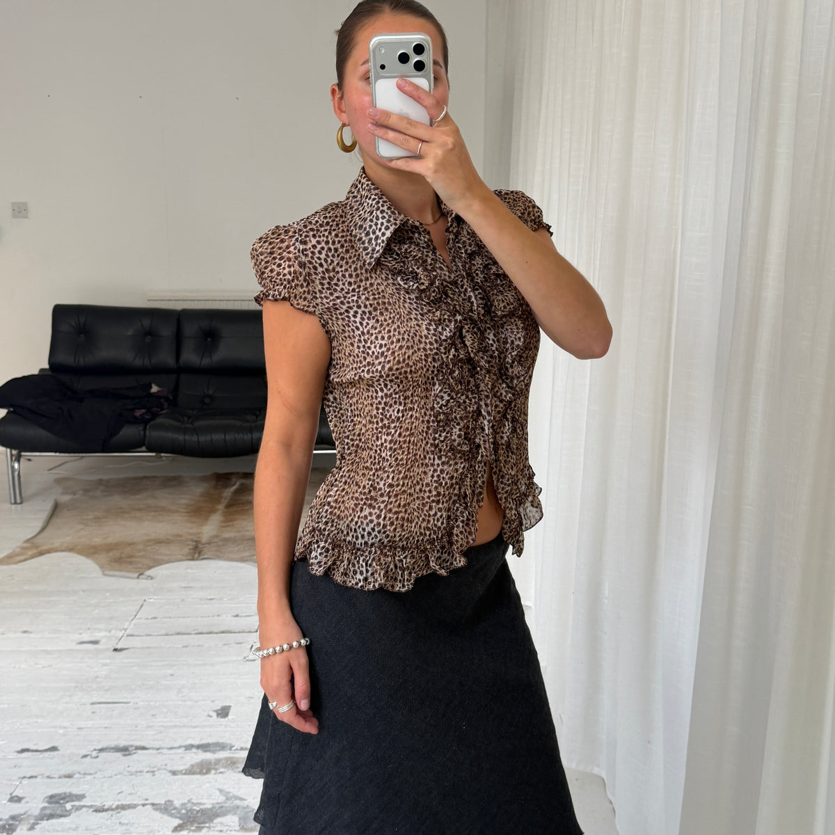 Silk Blend Leopard Ruffle Blouse