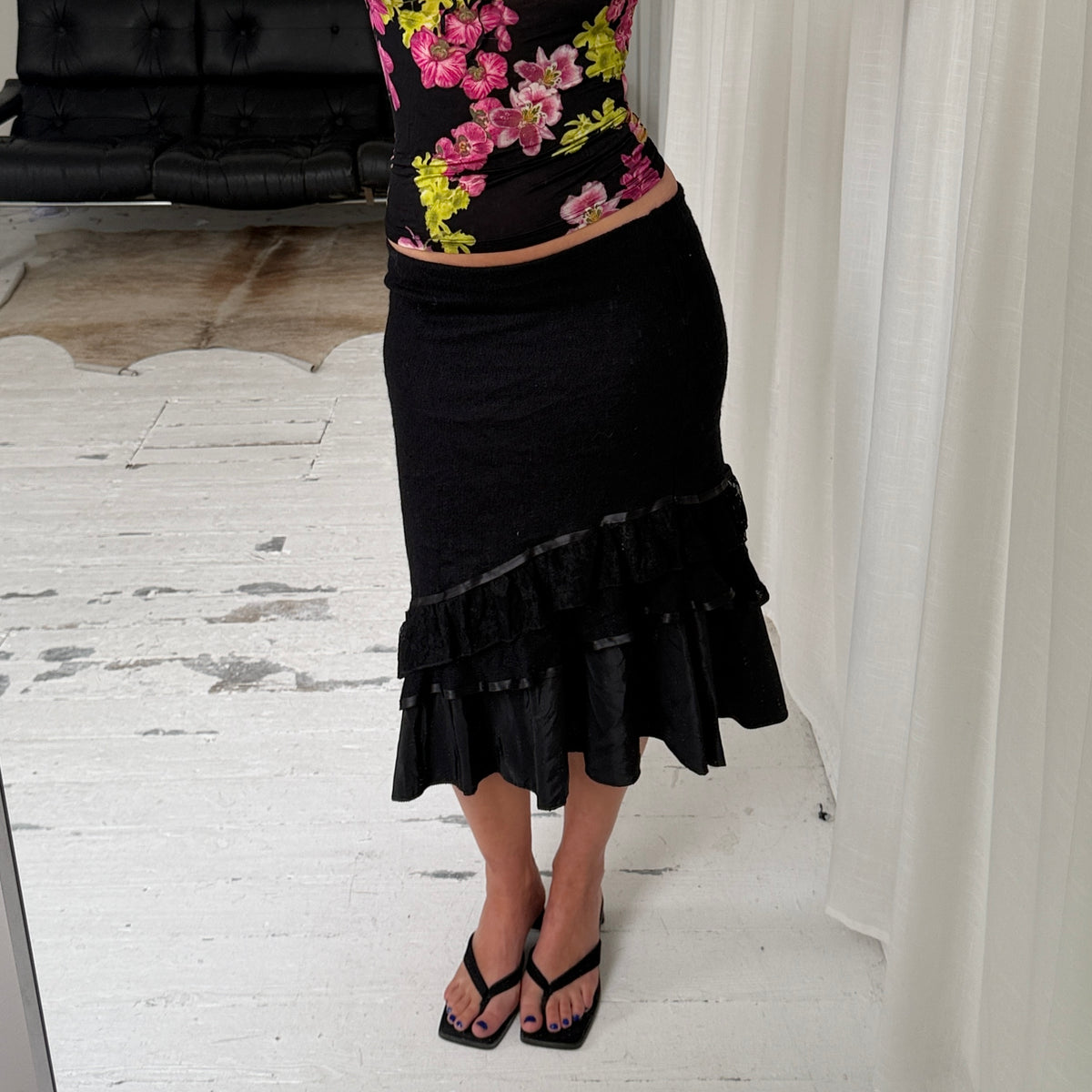 Black Mohair Ruffle Midi Skirt