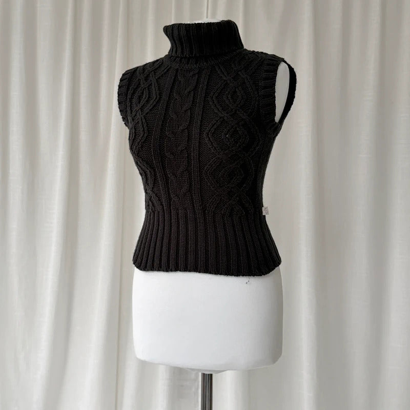 Black Cable Knit Sleeveless Rollneck