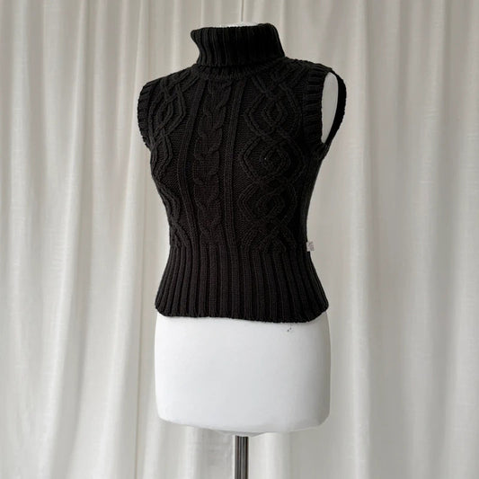 Black Cable Knit Sleeveless Rollneck