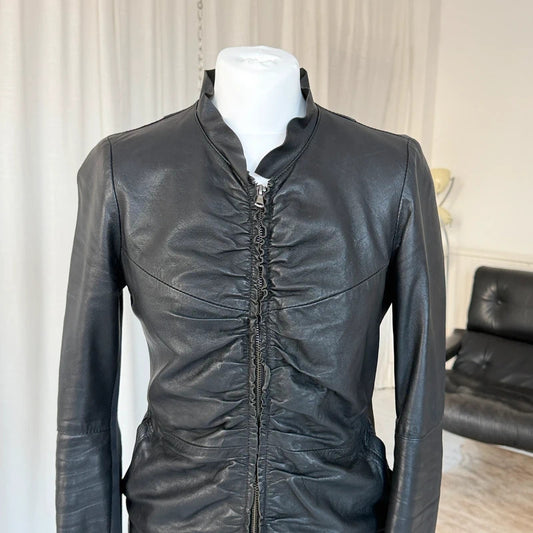 Italian Vintage Black Ruched Leather Jacket