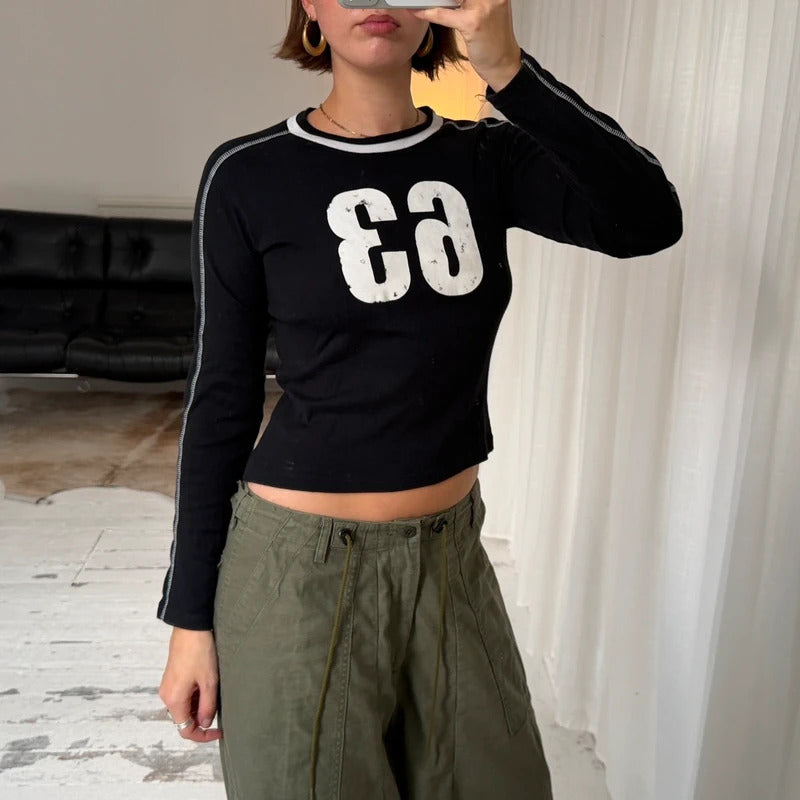 2000s Number Motif Long Sleeve Baby Tee