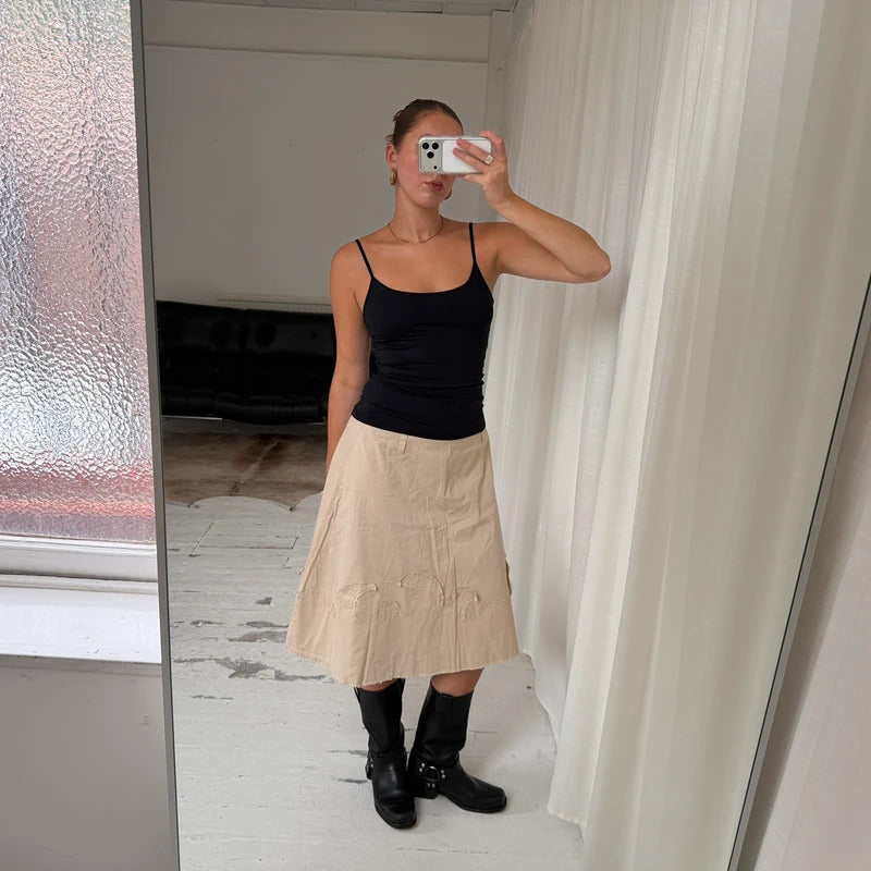 Beige Raw Edge Midi Skirt