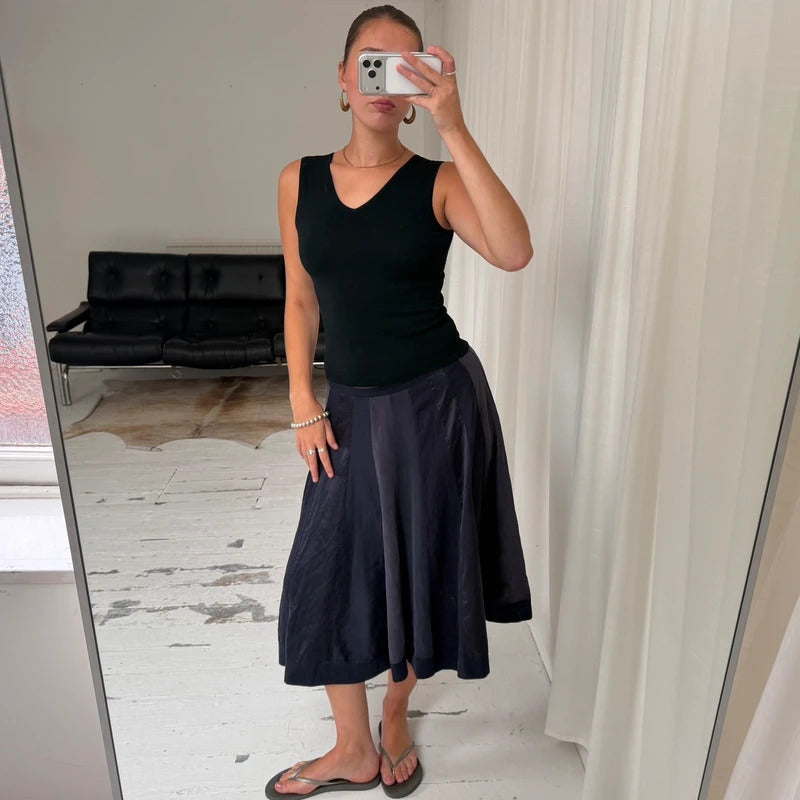 Navy Pure Silk Pleated Midi Skirt