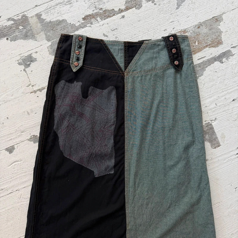 00s Graphic Patchwork Denim Maxi Skirt