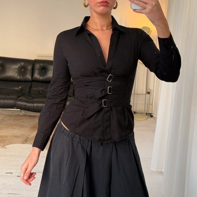 1990s Black Tailored Shirt with Buckle Detail