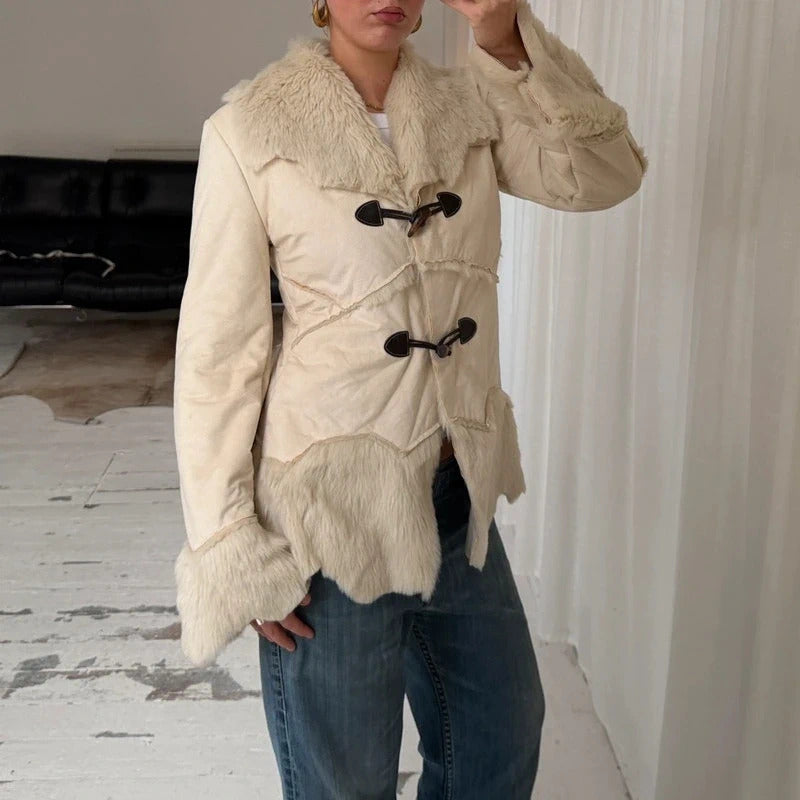 2000s Cream Faux Suede & Faux Fur Coat