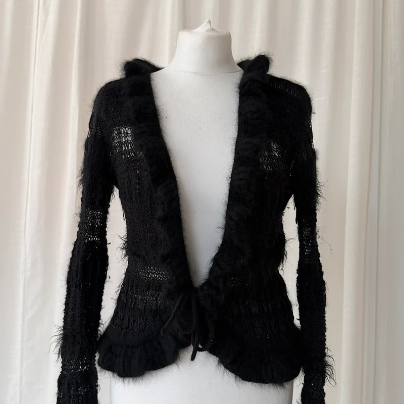 Black Angora Wool Crochet Knit Tie Cardigan