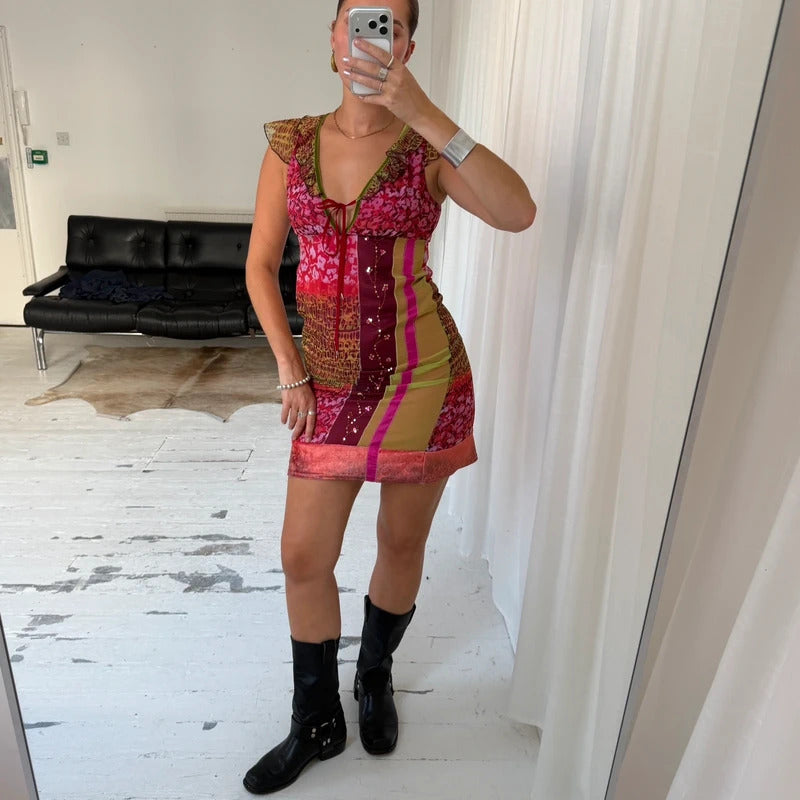 Y2K Patchwork Mesh Ruffle Midi Dress