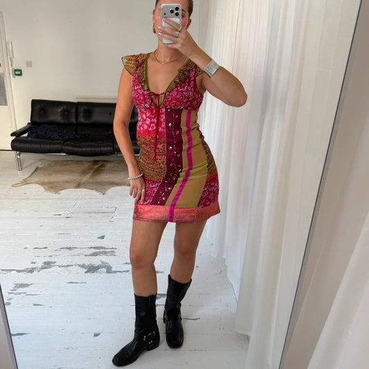 Y2K Patchwork Mesh Ruffle Midi Dress
