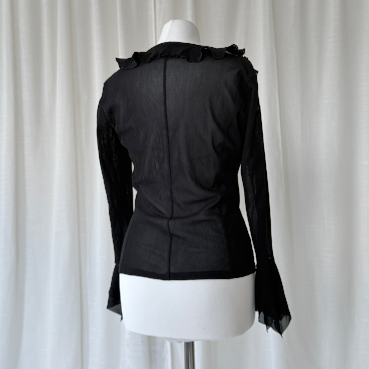 Black Sheer Ruffle Tie Blouse