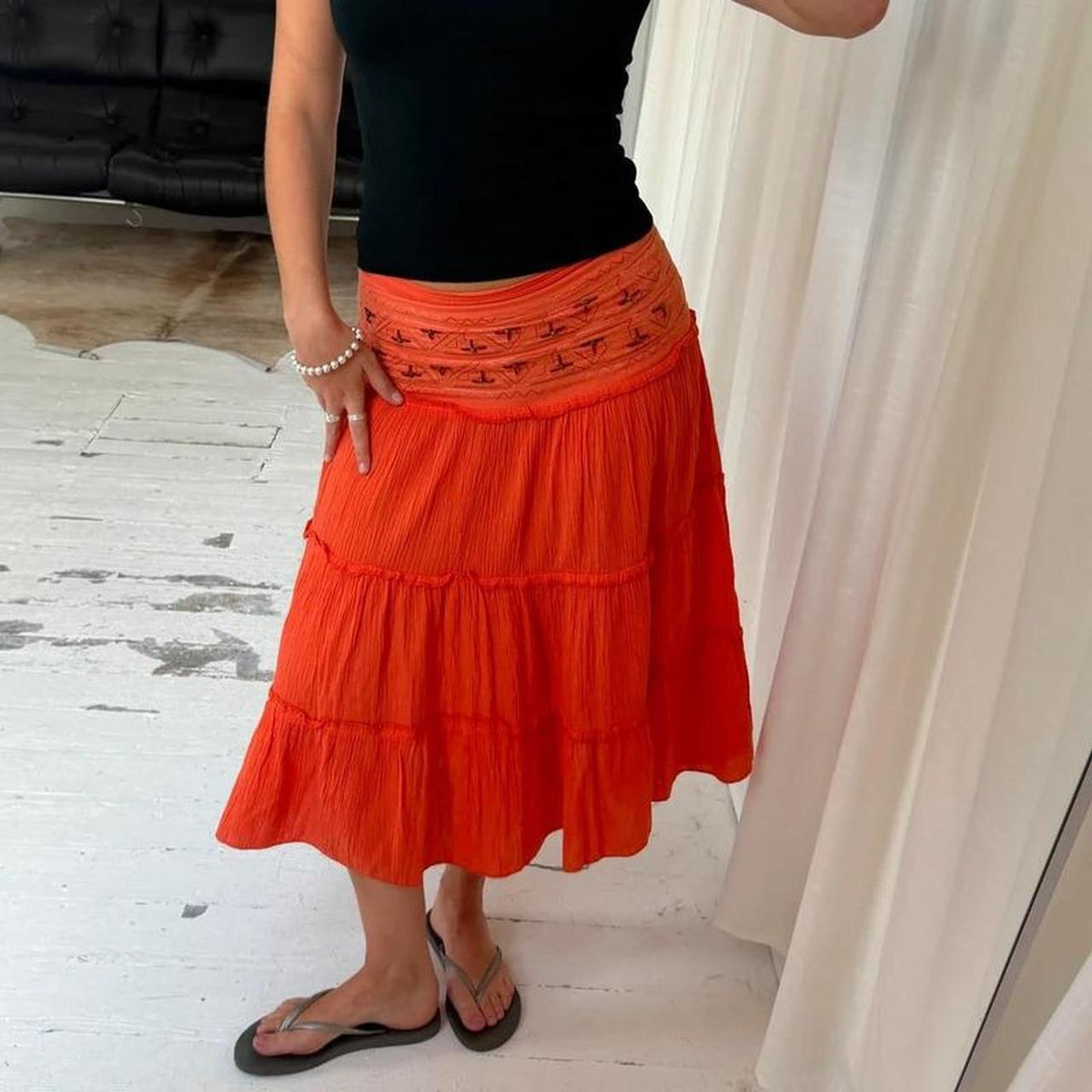 Orange Cotton Tiered Midi Skirt