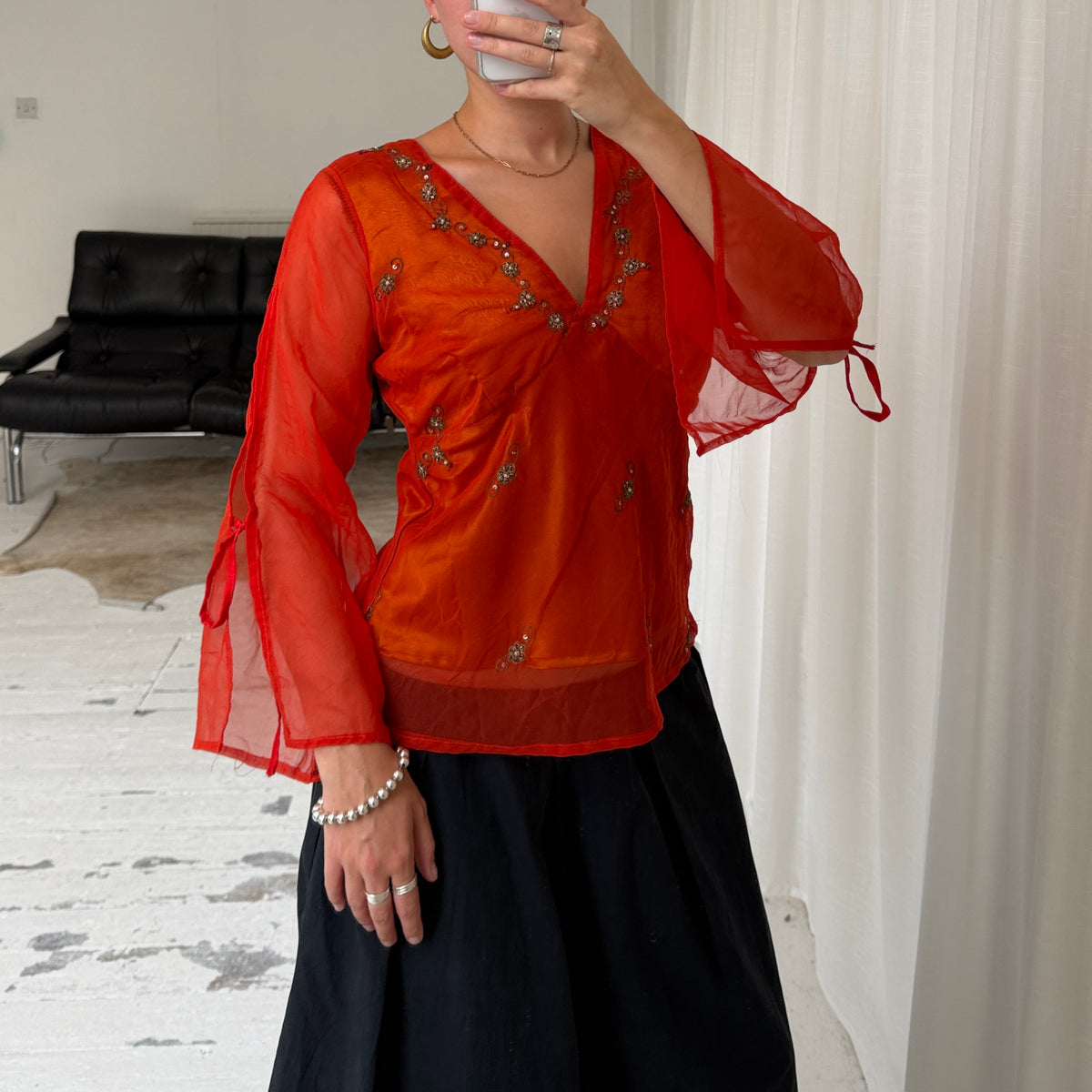 Orange Pure Silk Embellished Blouse