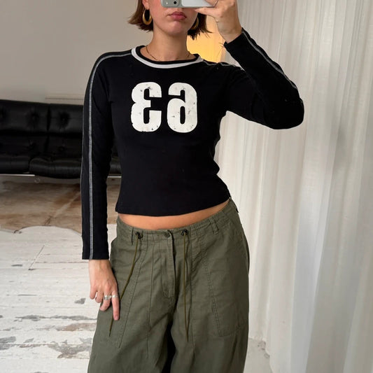 2000s Number Motif Long Sleeve Baby Tee