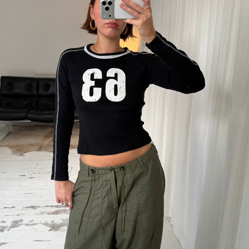 2000s Number Motif Long Sleeve Baby Tee