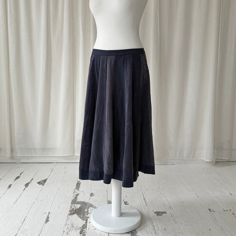 Navy Pure Silk Pleated Midi Skirt