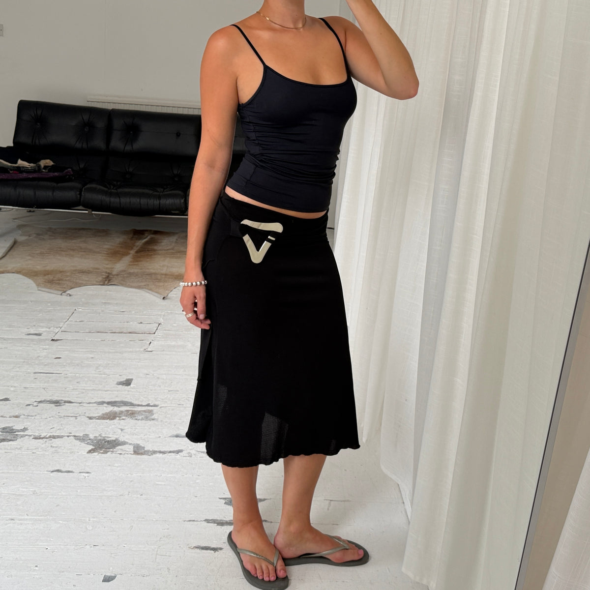 Black Silver Hardware Midi Skirt