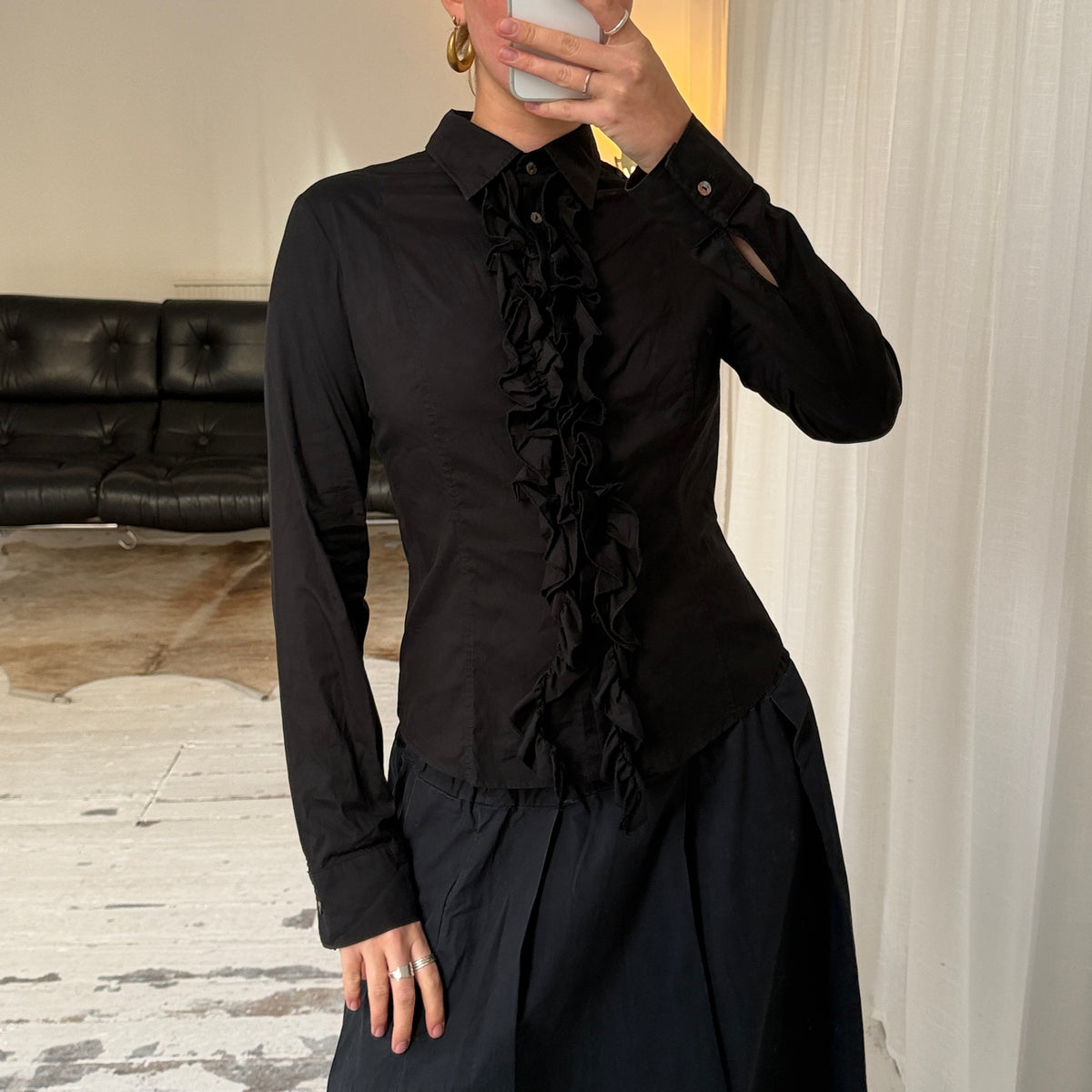 Italian Vintage Black Ruffle Tailored Shirt