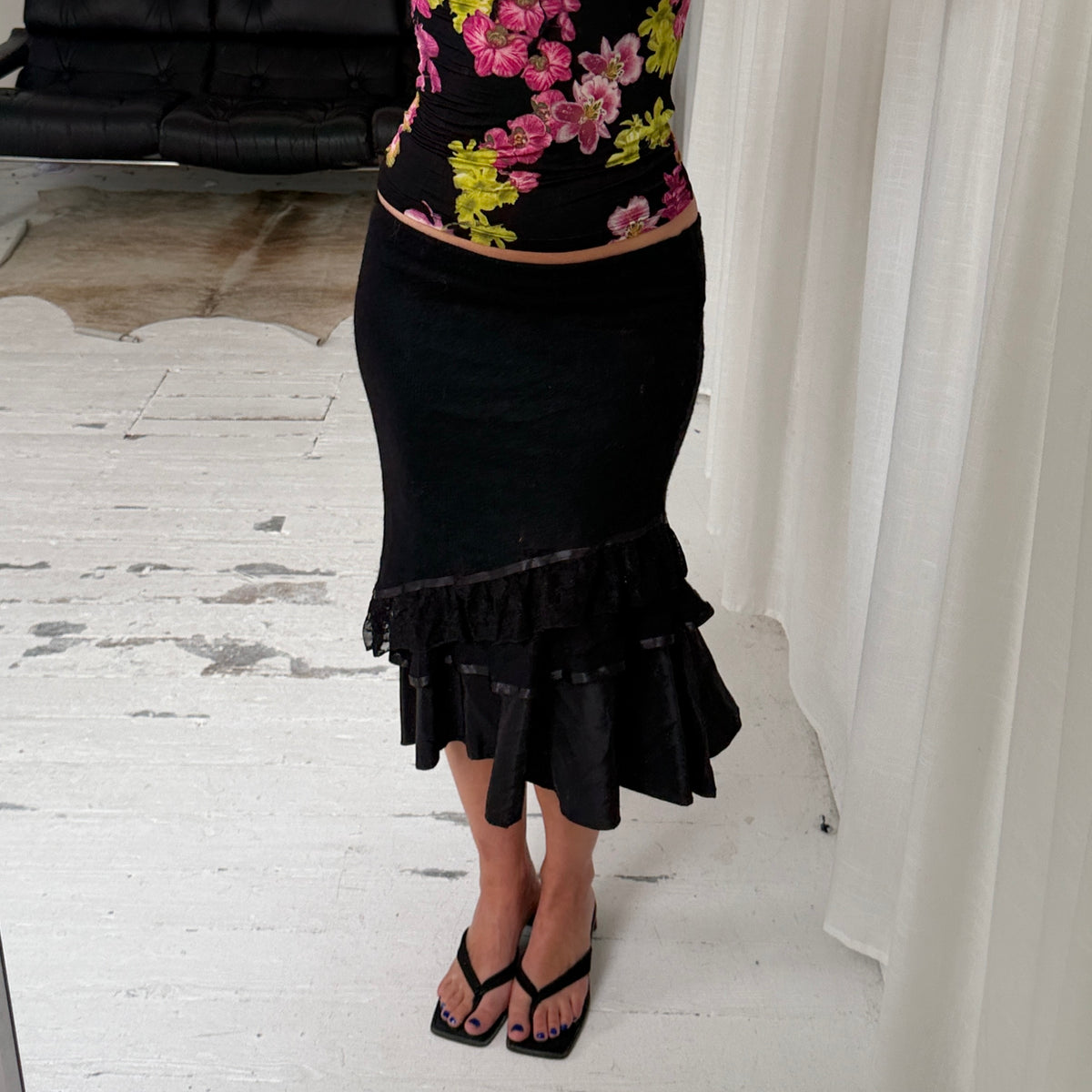 Black Mohair Ruffle Midi Skirt
