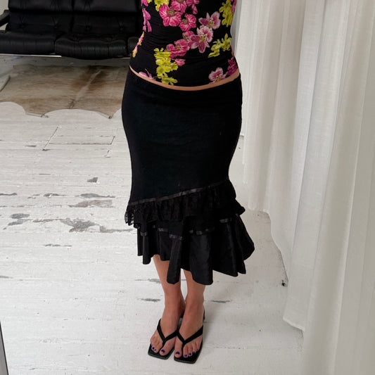 Black Mohair Ruffle Midi Skirt