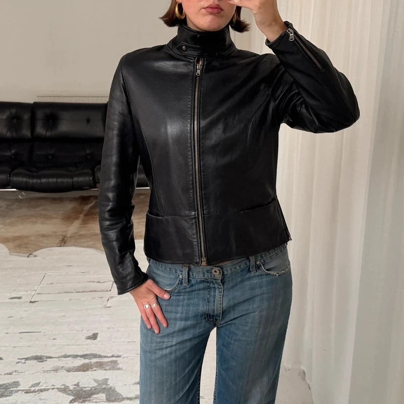 Italian Vintage Black Leather Biker Jacket