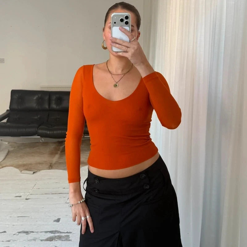 90s Orange Micro Mesh Long Sleeve Top