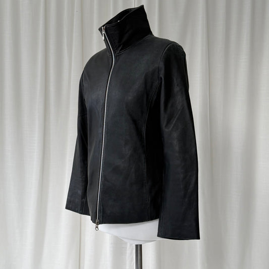 1990s Minimal Black Leather Funnel Neck Jacket