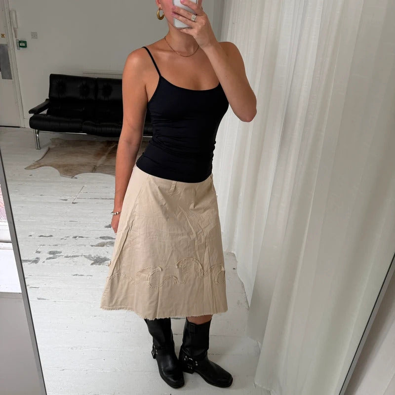 Beige Raw Edge Midi Skirt