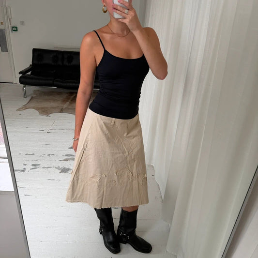 Beige Raw Edge Midi Skirt