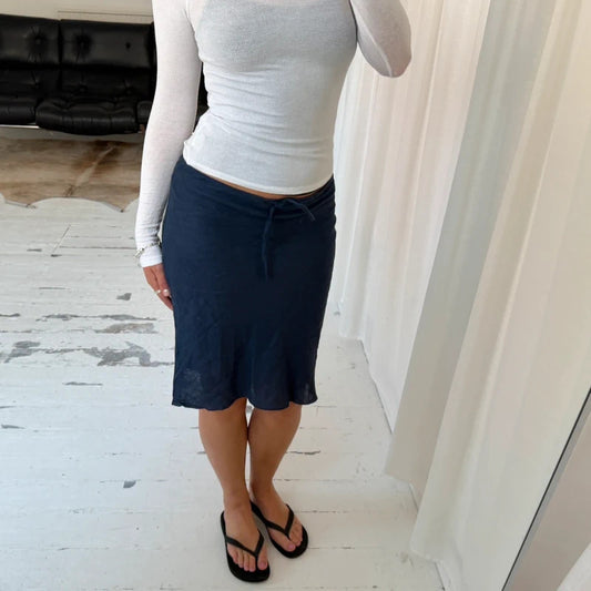Navy Linen Midi Skirt