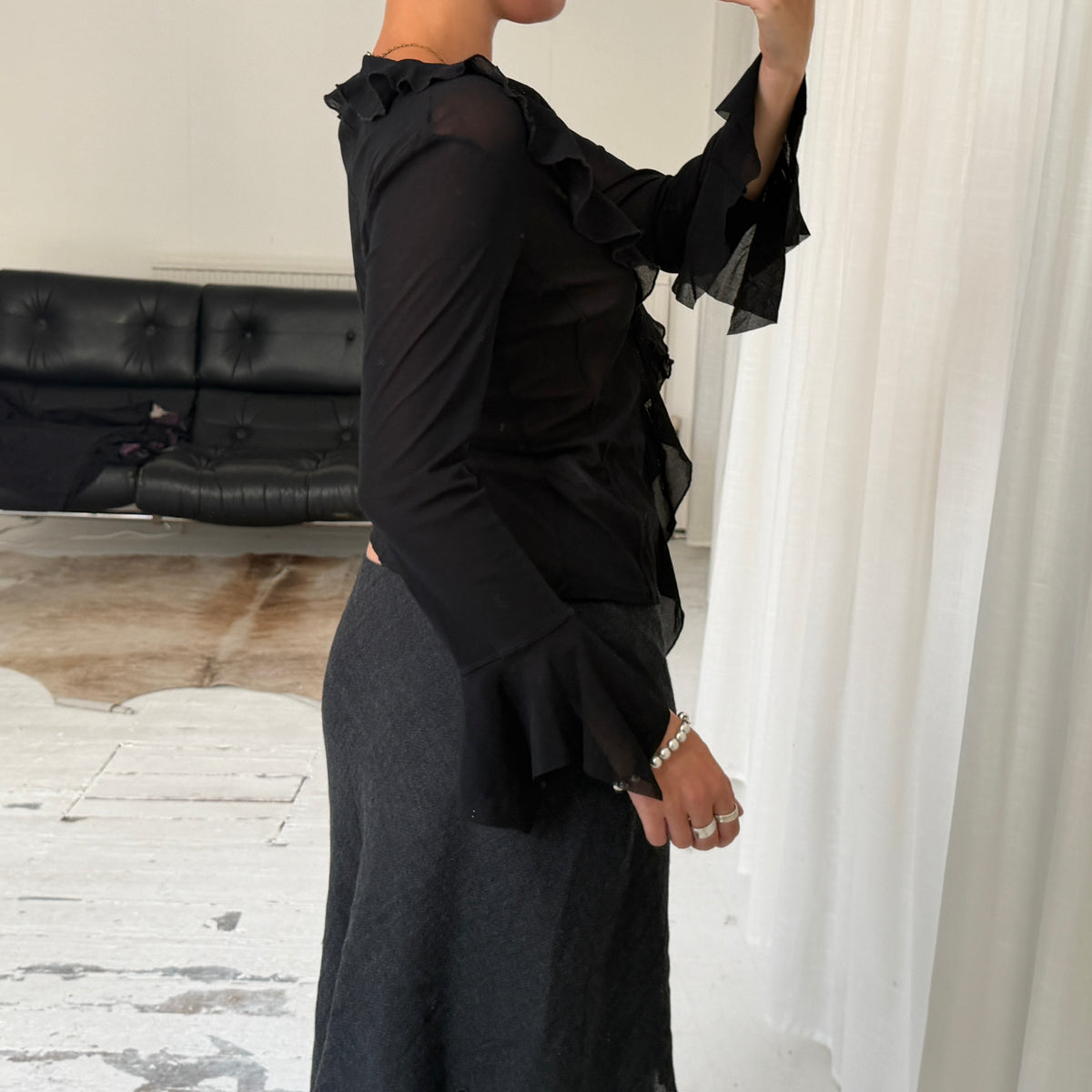 Black Sheer Ruffle Tie Blouse