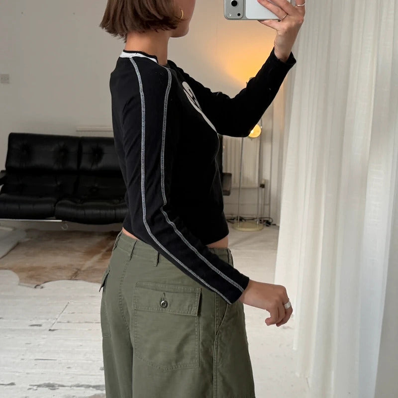 2000s Number Motif Long Sleeve Baby Tee