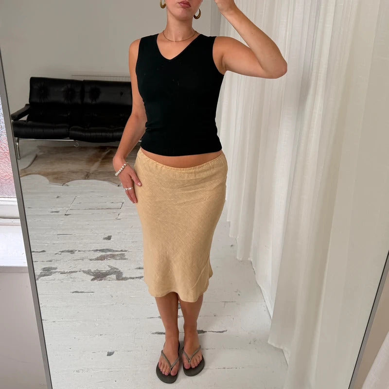 1990s Minimal Natural Linen Midi Skirt