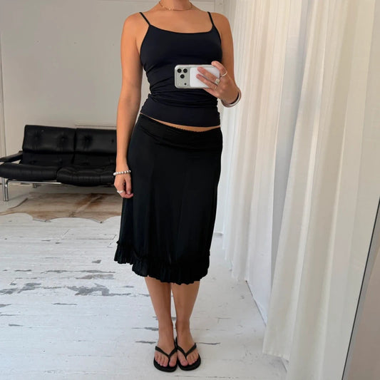 Italian Vintage Black Ruffle Midi Skirt