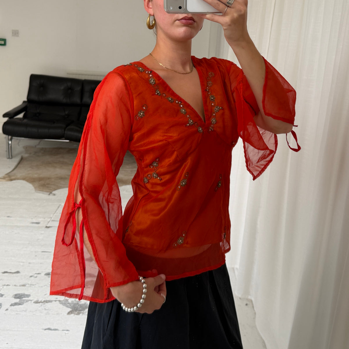 Orange Pure Silk Embellished Blouse