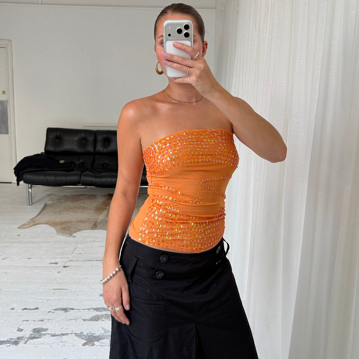Orange Sequin Mesh Bandeau Top