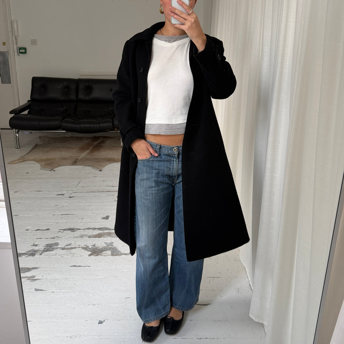 Black Pure New Wool Mid-Length Winter Coat