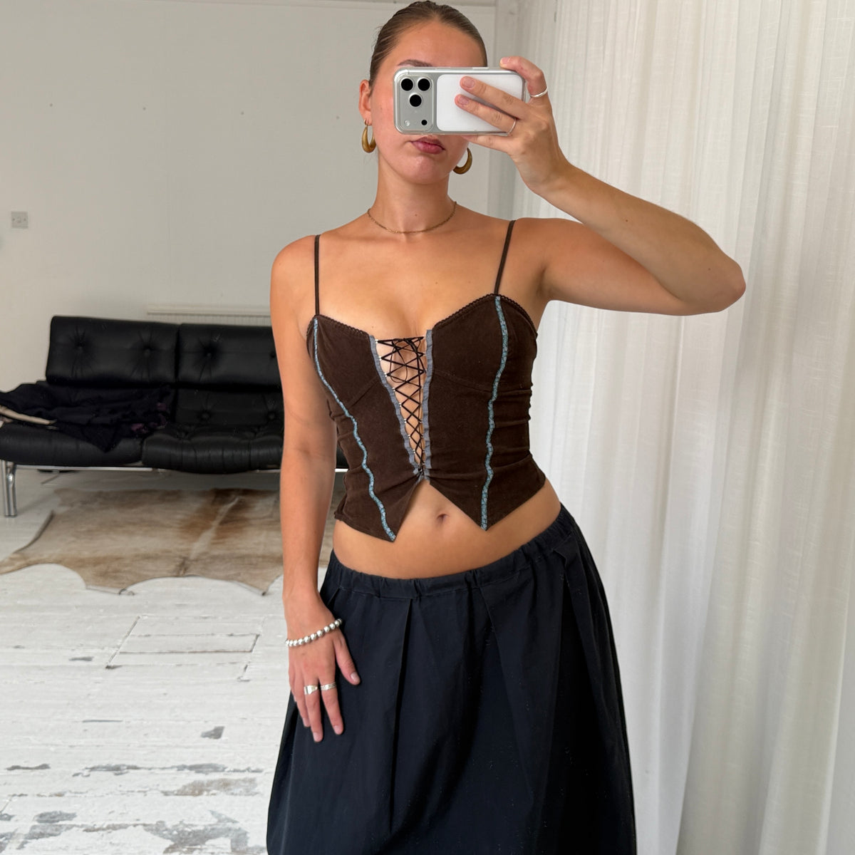 Brown Corduroy Lace-Up Corset Top