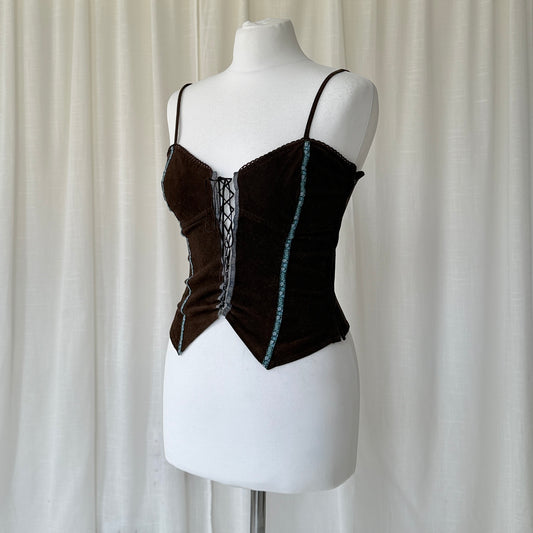 Brown Corduroy Lace-Up Corset Top