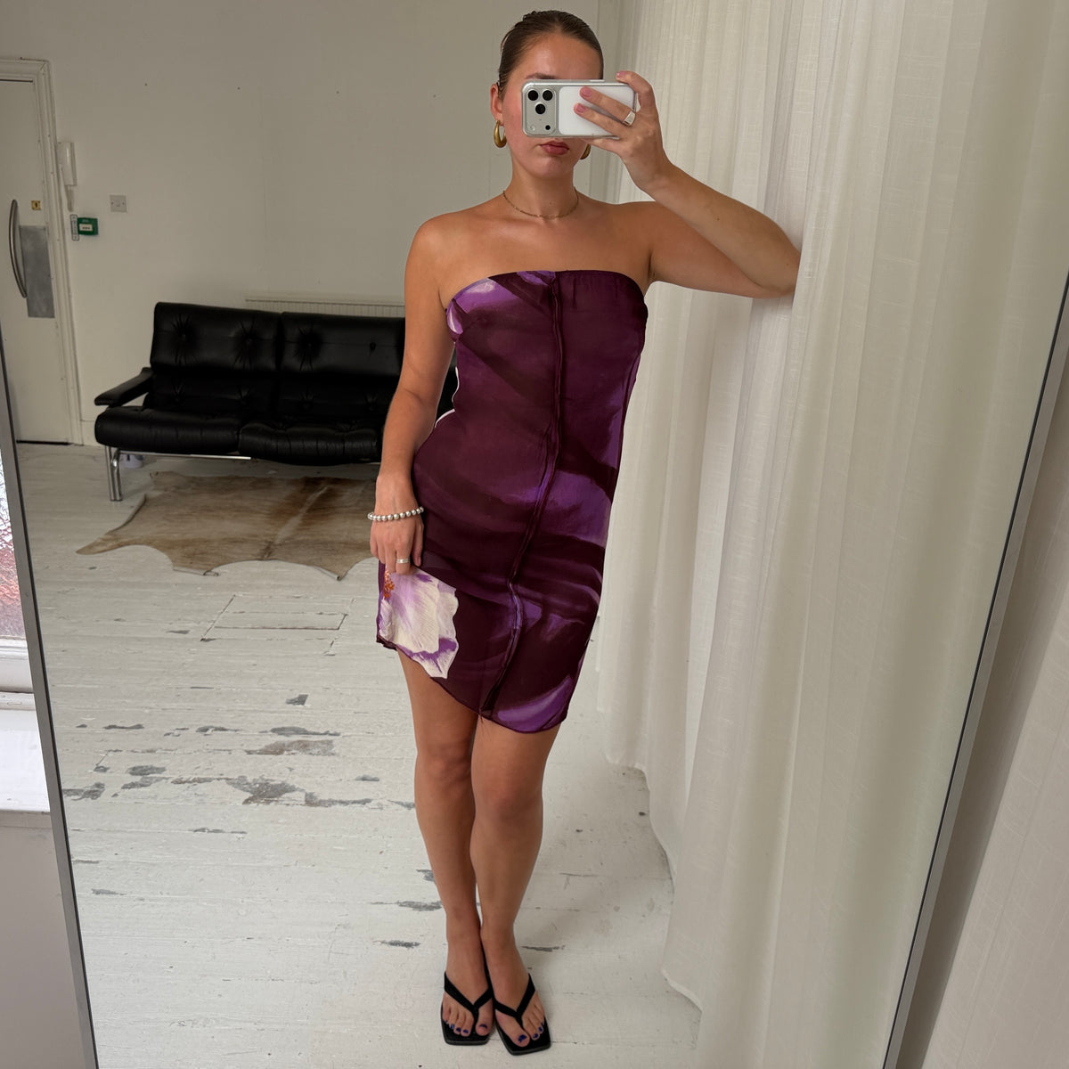 Purple Floral Strapless Midi Dress