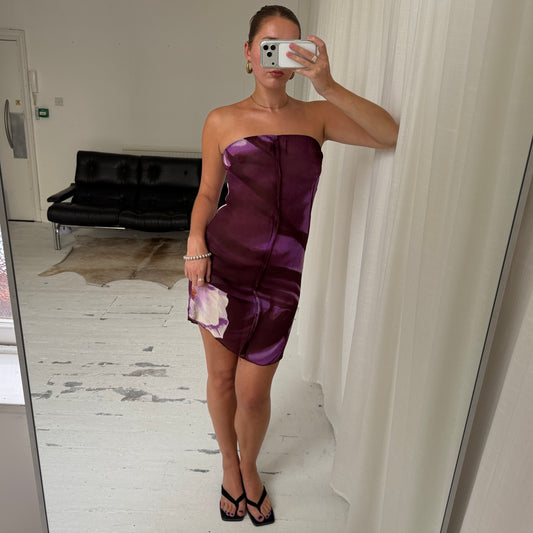 Purple Floral Strapless Midi Dress