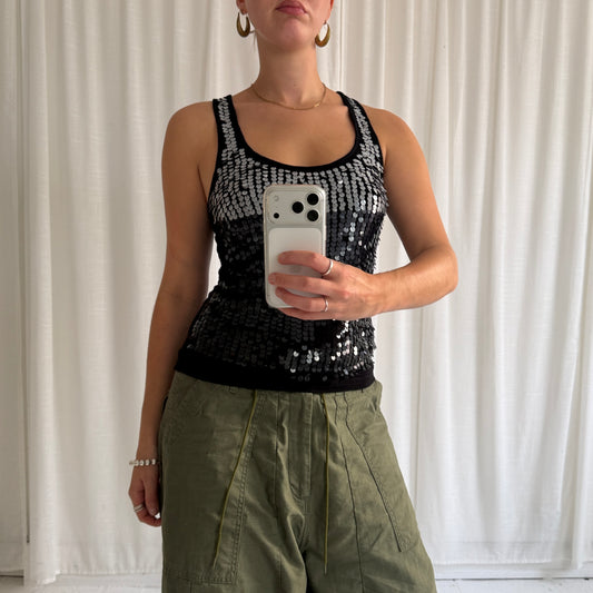 2000s Black & Silver Sequin Racerback Vest Top
