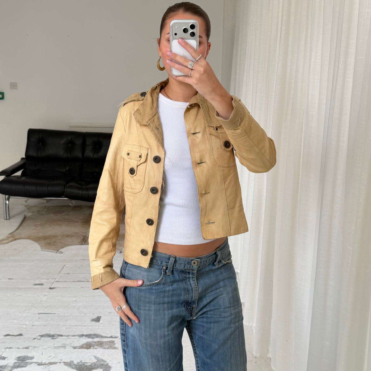 Beige Leather & Linen Jacket