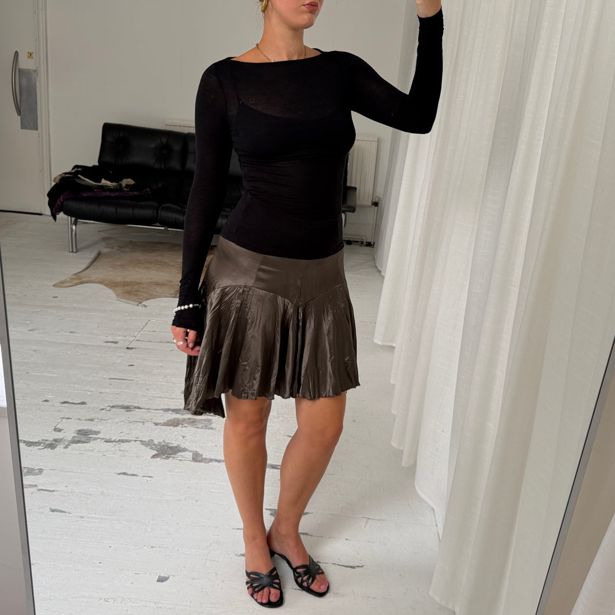 Pleated Asymmetrical Satin Skirt