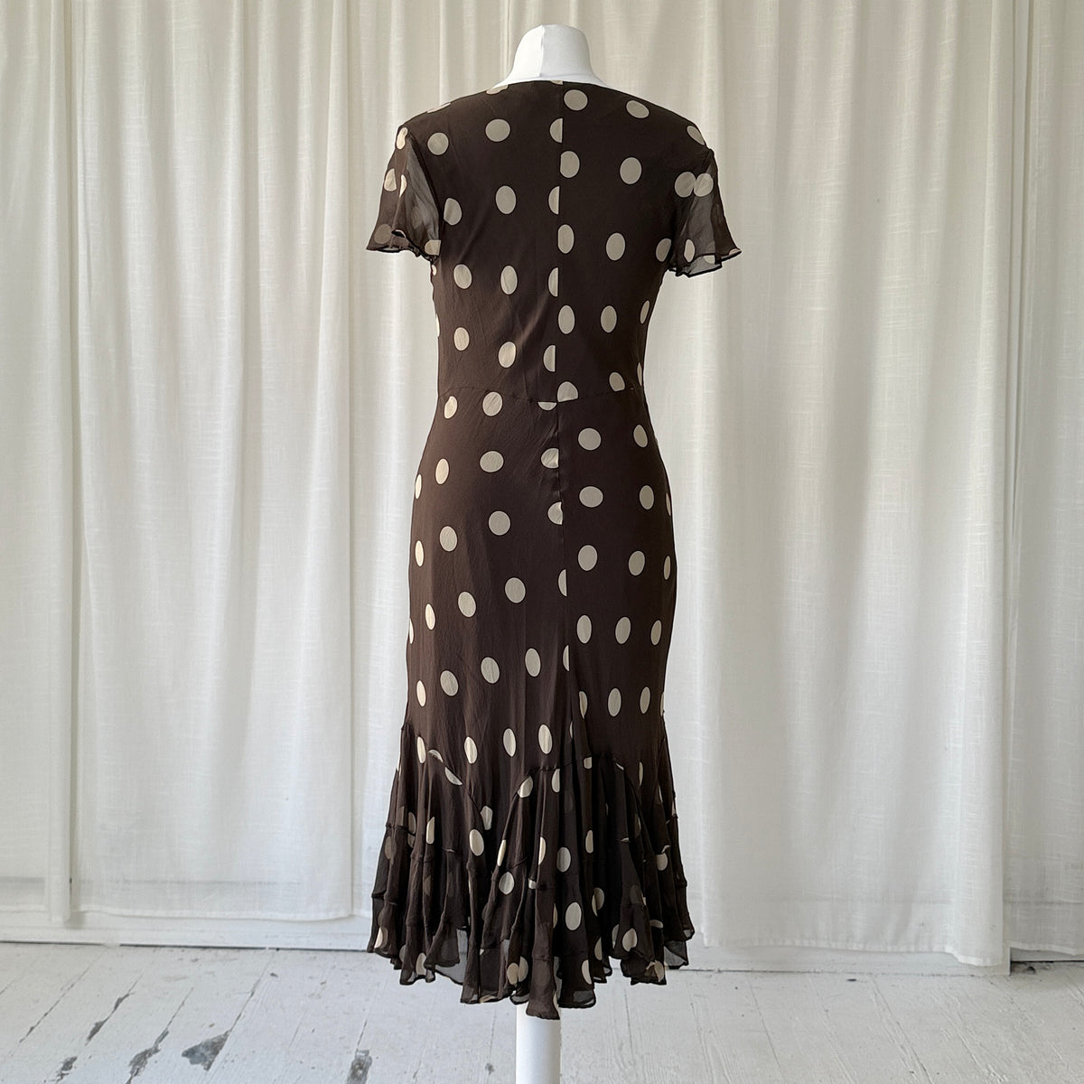 Brown Polka Dot Silk Midi Dress